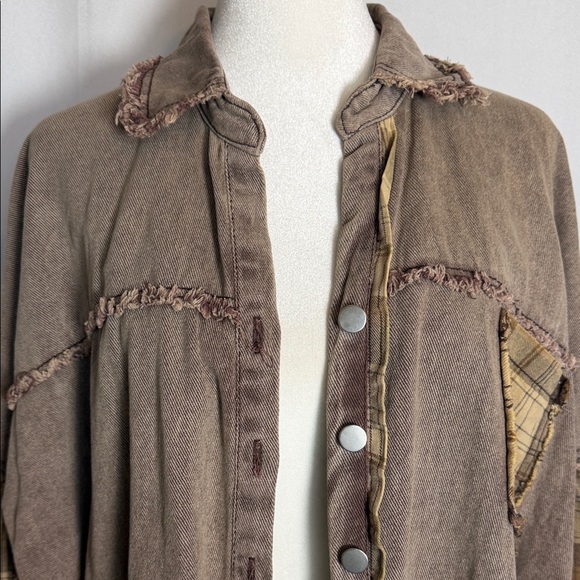 POL Plaid Patchwork Button-Up Jacket Size S Oversized Boho Slouchy Raw Hem - Picture 3 of 13